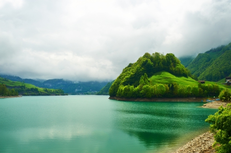 Emerald Mountain Lake, Switzerland - landscape, trees, reflection, water, mountains