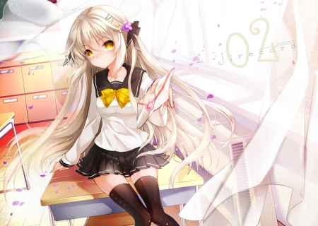 Take This Letter - yellow eyes, anime, window, thighhighs, letter, bows, girl, long hair, desk