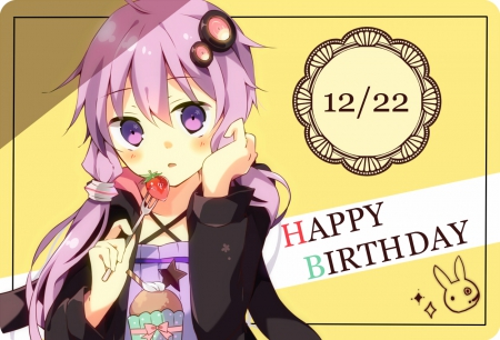 Happy Birthday Yuzuki Yukari!! - strawberry, fork, long hair, yuzuki yukari, purple hair, ponytails, vocaloid, anime, food, purple eyes