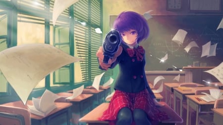 Don't Move!! - blinds, anime, desks, chalkboard, gun, windows, girl, clock, purple eyes, uniform, short hair, weapon, classroom, purple hair, papers