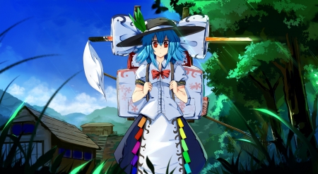 What Are You Doing Here!? - hat, backpack, blue hair, red eyes, touhou, bow, anime, sword, hinanawi tenshi, short hair