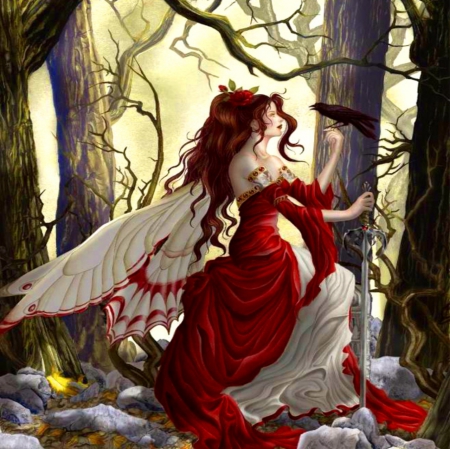 FOREST FAIRY - forest, female, red, wings, sword, fairy, dress, bird