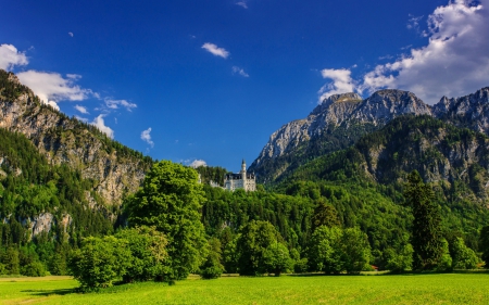 Neuschwanstein - greenery, clouds, bavaria, hills, Germany, summer, blue, beautiful, grass, lovely, mountain, neuschwanstein, cliffs, sky, rocks