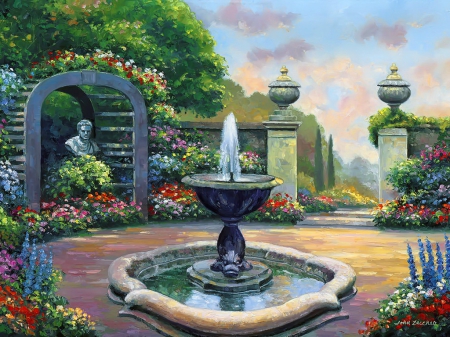 Renaissance garden - statue, trees, renaissance, park, lovely, painting, art, fountain, beautiful, flowers, garden