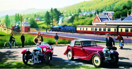 Train Station - steamtrain, people, vintage, artwork, cars