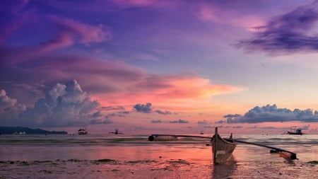 outrigger boat on a gorgeous philippines sunset - clouds, boats, outrigger, sunset, beach, sea