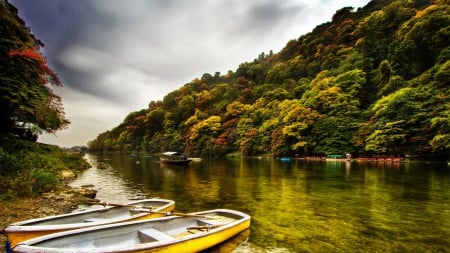 personal boats on a wonderful river hdr - boats, river, overcast, hdr, forest, mountain