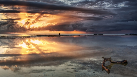 fisherman on an australian beach at sunset - fisherman, pool, driftwood, clouds, beach, sunset, sea