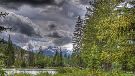 visitors center at banff park in canada hdr - building, people, forest, clouds, river, mountains, hdr