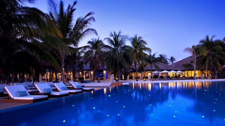 stars in a pool at velassaru resort the maldives - stars, palms, chairs, pool, resort, dusk