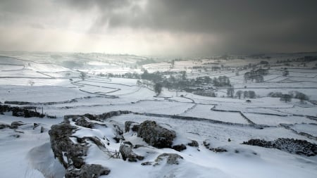 overcast on rural fields in winter - rocks, winter, walls, clouds, fields, mist