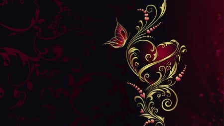 HAPPY VALENTINE\'S DAY - ornament, background, heart, design, wallpaper, gold, butterfly, red, beautiful, 3d