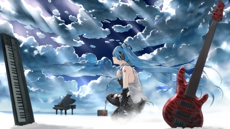 Hatsune Miku - sky, long hair, guitar, kawaii, clouds, vocaloid, music, hatsune miku