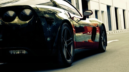 american-flag-corvette - street, flag, road, corvette