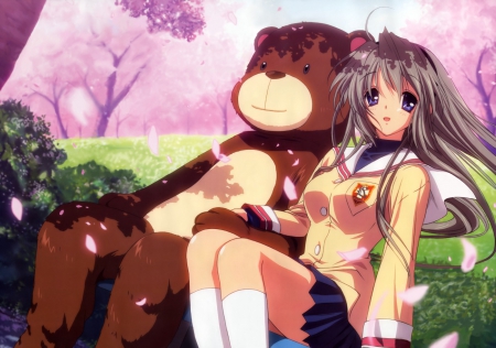 Tomoyo and her Bear - clannad after story, anime, bear suit, sakagami, anime girl, school uniform, clannad, bear, tomoyo, tomoyo sakagami