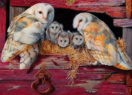 Barn ouls - owls, beautiful, family, wooden, painting, barn, cute, art, animals