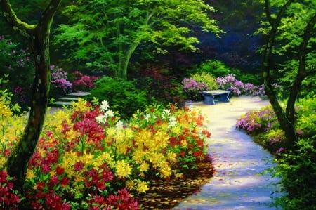 Sunny day - greenery, relax, trees, sunny, alley, summer, spring, rest, flowers, painting, garden, bench, day, art, park