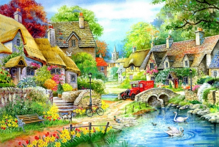 Riverside cottage - pretty, creek, flowers, swans, car, paradise, nice, art, cottage, trees, beautiful, lovely, village, colorful, river, painting, peaceful, riverside, bridge