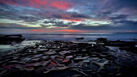 la jolla beach in california at twilight - rocks, clouds, pools, beach, sea, twilight