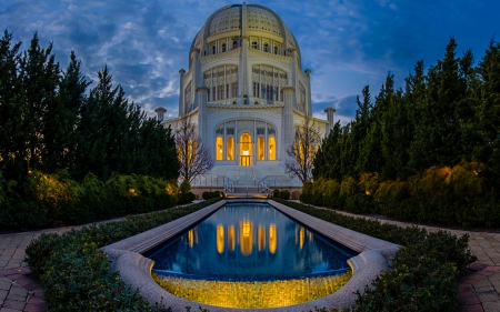 a superb bahai temple - trees, pool, temple, dusk, garden, lights