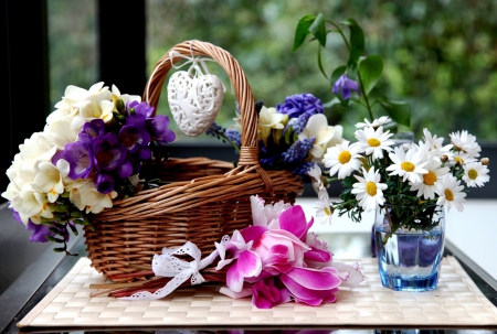 Flowers - Camomiles, Wicker, Flowers, Cyclamens, Cyclamen, Hyacinth, Hyacinths, Camomile, basket, Flower, baskets