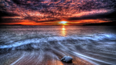 spectacular ocean sunset hdr - rock, clouds, beach, sunset, ocean, hdr