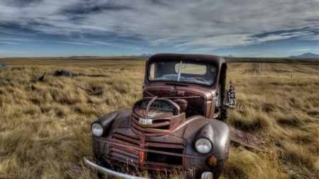 rusted gmc pickup on the prairie hdr - prairie, pickup, clouds, rusted, truck, hdr, grass