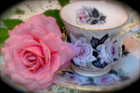 TEA & ROSE - tea cup, saucer, rose, pink