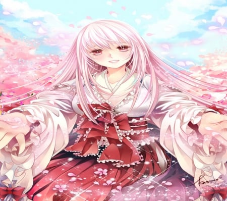 Beautiful Miko - miko, pretty, girl, sakura, pink, long hair, orginal