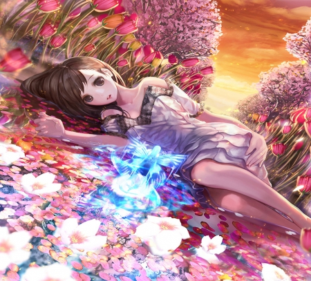 Magical Garden - flowers, fantasy, magic, garden, girl, cute, orginal, long hair