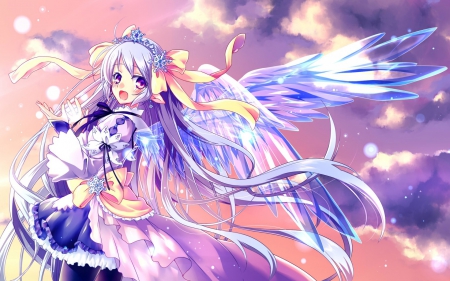 Look! They so beautiful! - pretty, anime, magic, female, crown, dress, angel, light, long hair, purple eyes, nice, purple hair, ribbons, clouds, anime girl, game, beautiful, blush, beauty, cool, sweet, fantasy, smile, sunset, awesome, lights, wings, cute