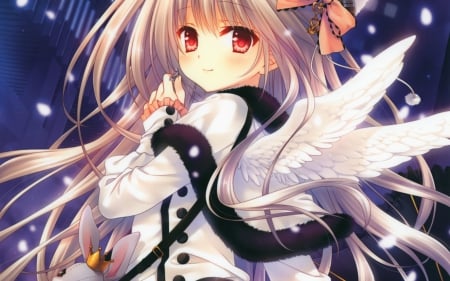 Please come with me! - nice, beauty, female, angel, magic, wings, anime girl, fantasy, brown hair, red eyes, pretty, cool, cold, game, anime, ribbon, cute, feathers, long hair, winter, night, beautiful, blush, sweet, awesome, smile, dress, lights