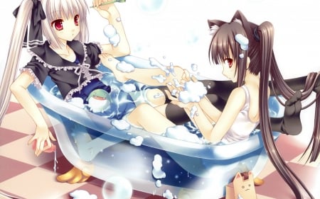 Look at this! How cute! - nice, female, swimsuit, water, twintail, beauties, fantasy, brown hair, red eyes, pretty, blonde hair, cool, anime, animla ears, ribbon, cute, tail, anime girls, long hair, bff, beautiful, sweet, awesome, friends, neko girls