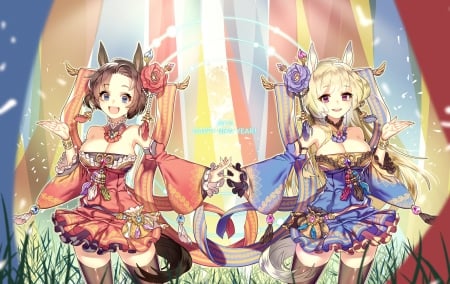 And who do you choose? - nice, female, bonde hair, beauties, brown hair, pretty, game, anime, kimono, grass, purple eyes, cute, short hair, tail, sexy, anime girls, animal ears, blue eyes, long hair, bff, beautiful, sweet, friends, flowers, neko girls, dress, lights, cleavage