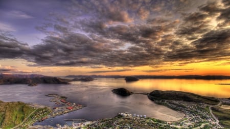 view from above of rypefjord norway hdr - islands, sunset, town, view, hdr, mountains, bay