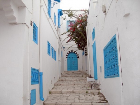 Little street - stairs, windows, door, blue