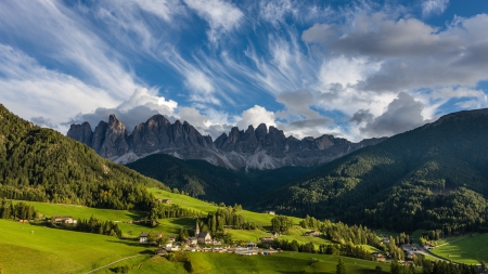 Summer At The Alps - sky, italy, dolomites, mountains, town, forest, clouds, green, grass