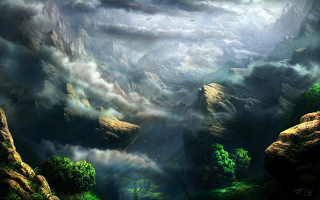 The Hidden Valley - valley, moutains, clouds, birds