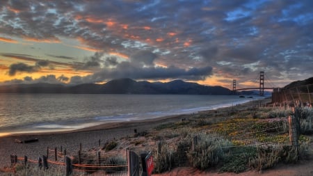 golden gate bridge from a bay shore garden - clouds, dawn, shore, garden, bridge, bay