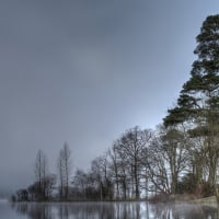 lovely lake shore cabins on a foggy day hdr