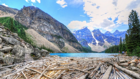 logs blocking a beautiful river in canada hdr - clouds, river, logs, people, hdr, mountains