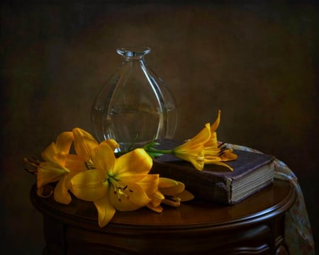 Still life - yellow, glass, table, flowers, still life