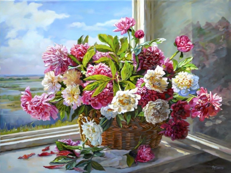 Flowers on the window - beautiful, flowers, bouquet, window, vase, leaves, still life, sky, petals, view, lovely, basket