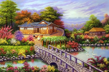 Countryside landscape - creek, beautiful, village, quiet, cottage, bridge, countryside, river, swans, colorful, animals, landscape, flowers, spring, serenity, peaceful, rural, shore, art, sky, pond, houses, lovely, house, painting, calm