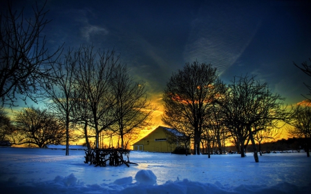 Winter Sunset - sky, trees, snow, clouds, house, colors