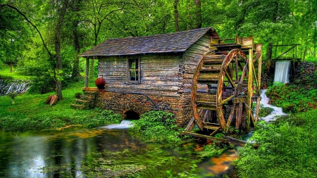 Old Watermill - nature, forest, trees, water, house