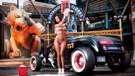 Tigers Pinup Girl - women, cars, people, bikinis, classic cars, pinups, roadsters, vintage, sexy