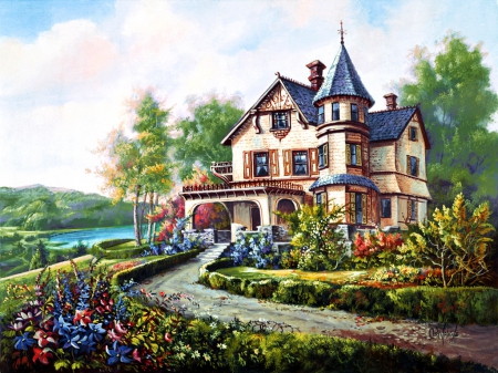 A summit showplace - calm, alley, manor, flowers, countryside, lake, art, cottage, house, trees, beautiful, summit, lovely, showplace, painting, serenity, peaceful, rural