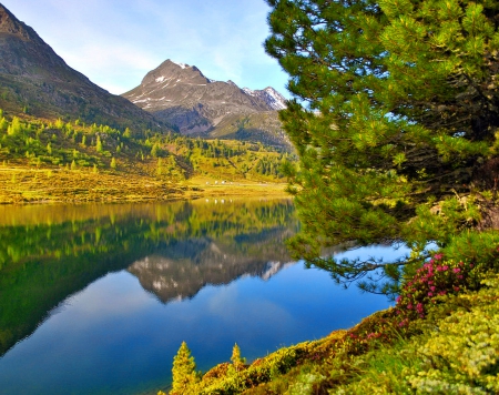 Calm mountain river - lake, sky, landscape, mountain, trees, shore, mirrored, peak, rocks, calm, reflection, river, flowers, grass, cliffs