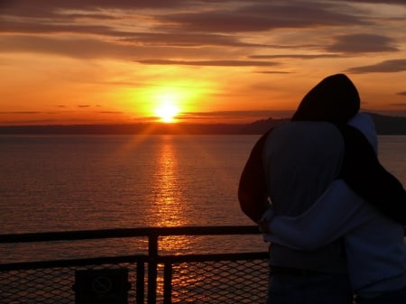 Sunset - hug, sunset, couple, sea